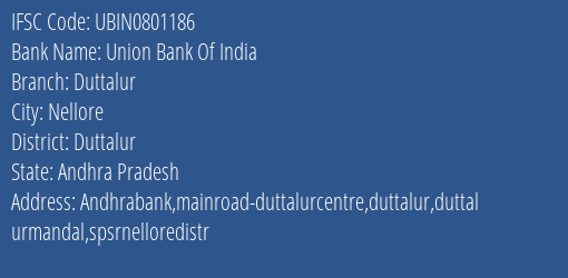 Union Bank Of India Duttalur Branch Duttalur IFSC Code UBIN0801186