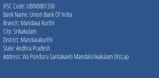 Union Bank Of India Mandava Kurthi Branch Mandavakurthi IFSC Code UBIN0801330