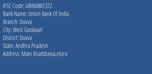 Union Bank Of India Duvva Branch Duvva IFSC Code UBIN0801372