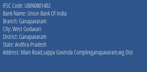 Union Bank Of India Ganapavaram Branch Ganapavaram IFSC Code UBIN0801402
