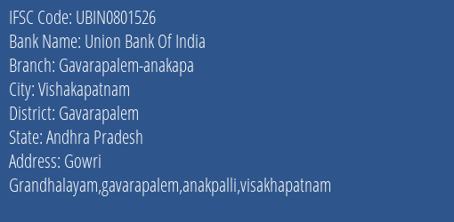 Union Bank Of India Gavarapalem Anakapa Branch Gavarapalem IFSC Code UBIN0801526