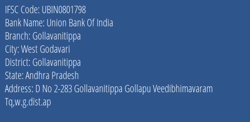 Union Bank Of India Gollavanitippa Branch Gollavanitippa IFSC Code UBIN0801798