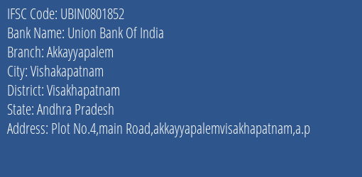 Union Bank Of India Akkayyapalem Branch Visakhapatnam IFSC Code UBIN0801852
