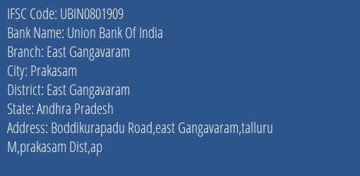Union Bank Of India East Gangavaram Branch East Gangavaram IFSC Code UBIN0801909