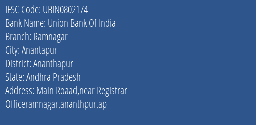 Union Bank Of India Ramnagar Branch Ananthapur IFSC Code UBIN0802174
