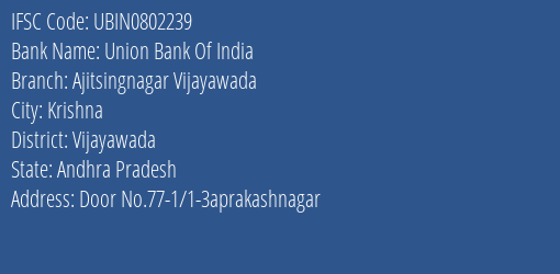Union Bank Of India Ajitsingnagar Vijayawada Branch Vijayawada IFSC Code UBIN0802239