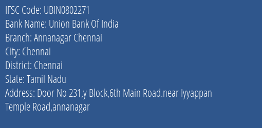 Union Bank Of India Annanagar Chennai Branch, Branch Code 802271 & IFSC Code UBIN0802271