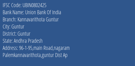 Union Bank Of India Kannavarithota Guntur Branch, Branch Code 802425 & IFSC Code UBIN0802425