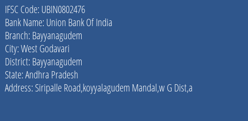 Union Bank Of India Bayyanagudem Branch Bayyanagudem IFSC Code UBIN0802476