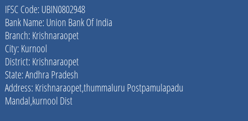 Union Bank Of India Krishnaraopet Branch, Branch Code 802948 & IFSC Code UBIN0802948