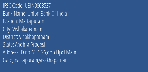 Union Bank Of India Malkapuram Branch Visakhapatnam IFSC Code UBIN0803537