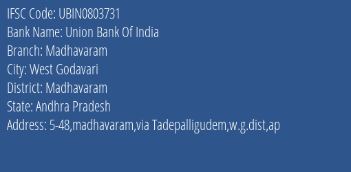 Union Bank Of India Madhavaram Branch Madhavaram IFSC Code UBIN0803731