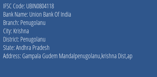 Union Bank Of India Penugolanu Branch, Branch Code 804118 & IFSC Code Ubin0804118