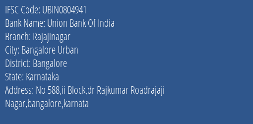 Union Bank Of India Rajajinagar Branch IFSC Code