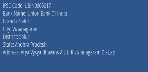 Union Bank Of India Salur Branch Salur IFSC Code UBIN0805017