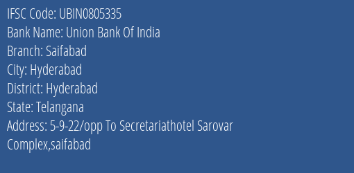 Union Bank Of India Saifabad Branch Hyderabad IFSC Code UBIN0805335