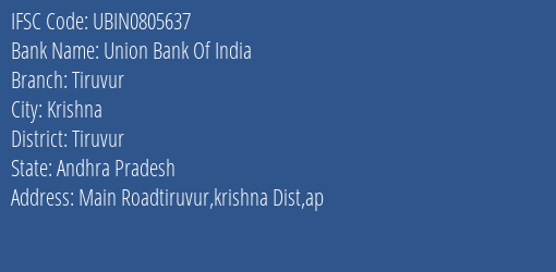 Union Bank Of India Tiruvur Branch Tiruvur IFSC Code UBIN0805637