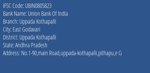 Union Bank Of India Uppada Kothapalli Branch, Branch Code 805823 & IFSC Code Ubin0805823