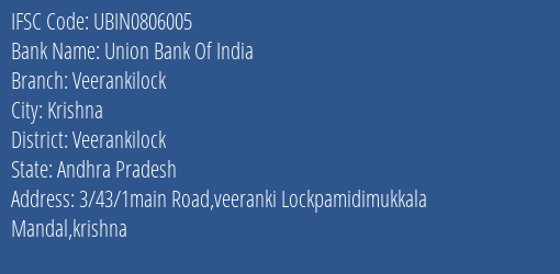 Union Bank Of India Veerankilock Branch Veerankilock IFSC Code UBIN0806005