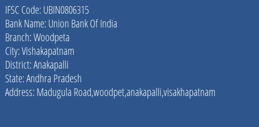 Union Bank Of India Woodpeta Branch Anakapalli IFSC Code UBIN0806315