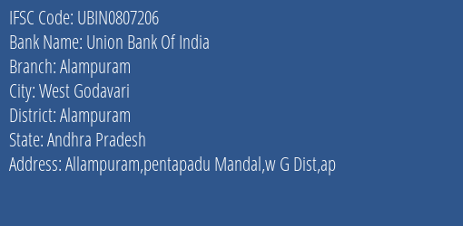 Union Bank Of India Alampuram Branch, Branch Code 807206 & IFSC Code Ubin0807206