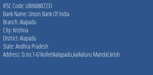 Union Bank Of India Alapadu Branch Alapadu IFSC Code UBIN0807231