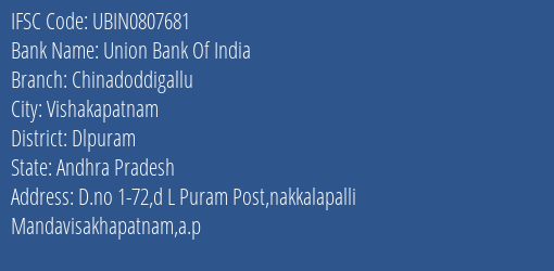 Union Bank Of India Chinadoddigallu Branch Dlpuram IFSC Code UBIN0807681
