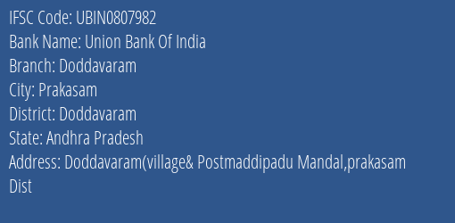 Union Bank Of India Doddavaram Branch Doddavaram IFSC Code UBIN0807982