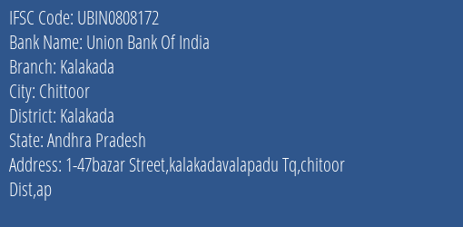 Union Bank Of India Kalakada Branch Kalakada IFSC Code UBIN0808172