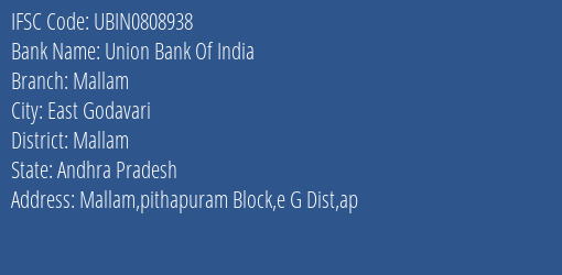 Union Bank Of India Mallam Branch Mallam IFSC Code UBIN0808938