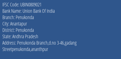 Union Bank Of India Penukonda Branch Penukonda IFSC Code UBIN0809021