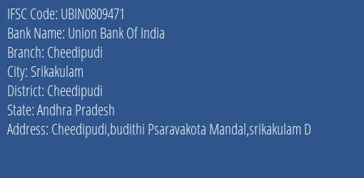 Union Bank Of India Cheedipudi Branch Cheedipudi IFSC Code UBIN0809471