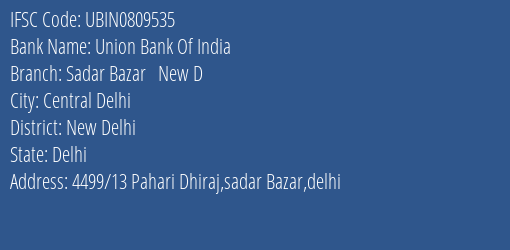 Union Bank Of India Sadar Bazar New D Branch, Branch Code 809535 & IFSC Code Ubin0809535