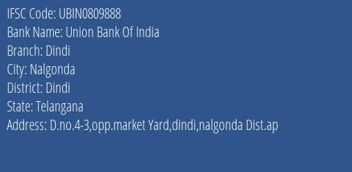 Union Bank Of India Dindi Branch Dindi IFSC Code UBIN0809888