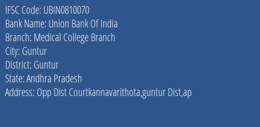 Union Bank Of India Medical College Branch Branch, Branch Code 810070 & IFSC Code Ubin0810070