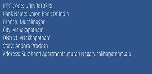 Union Bank Of India Muralinagar Branch Visakhapatnam IFSC Code UBIN0810746