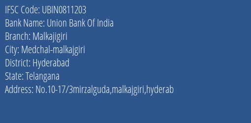 Union Bank Of India Malkajigiri Branch Hyderabad IFSC Code UBIN0811203