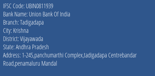 Union Bank Of India Tadigadapa Branch, Branch Code 811939 & IFSC Code Ubin0811939