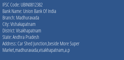 Union Bank Of India Madhuravada Branch Visakhapatnam IFSC Code UBIN0812382