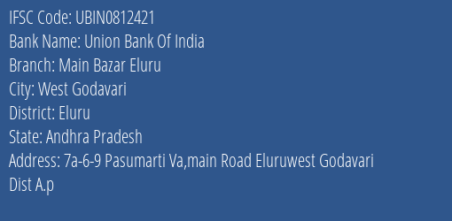 Union Bank Of India Main Bazar Eluru Branch Eluru IFSC Code UBIN0812421