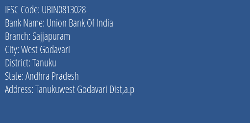 Union Bank Of India Sajjapuram Branch Tanuku IFSC Code UBIN0813028
