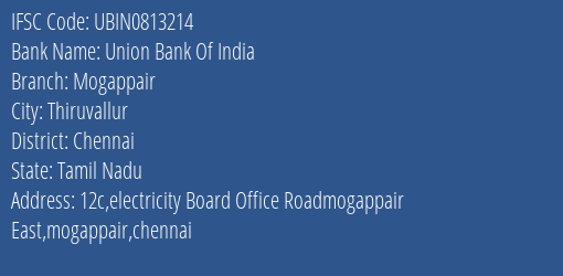 Union Bank Of India Mogappair Branch Chennai IFSC Code UBIN0813214