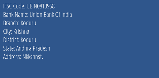 Union Bank Of India Koduru Branch Koduru IFSC Code UBIN0813958