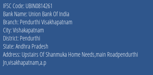 Union Bank Of India Pendurthi Visakhapatnam Branch Pendurthi IFSC Code UBIN0814261