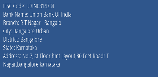 Union Bank Of India R T Nagar Bangalo Branch IFSC Code