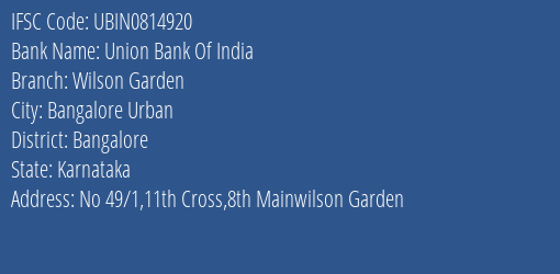 Union Bank Of India Wilson Garden Branch IFSC Code