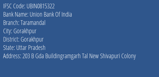 Union Bank Of India Taramandal Branch, Branch Code 815322 & IFSC Code UBIN0815322