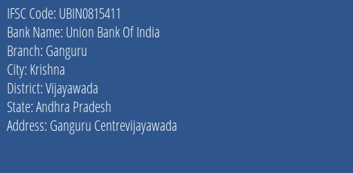 Union Bank Of India Ganguru Branch, Branch Code 815411 & IFSC Code Ubin0815411