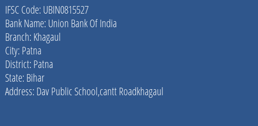 Union Bank Of India Khagaul Branch, Branch Code 815527 & IFSC Code Ubin0815527