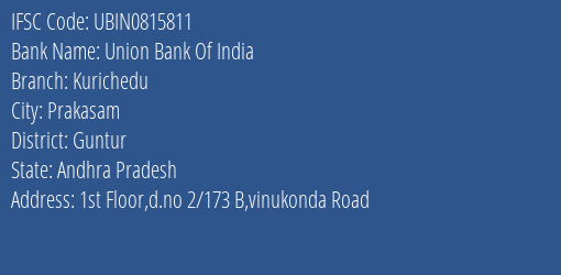 Union Bank Of India Kurichedu Branch, Branch Code 815811 & IFSC Code UBIN0815811